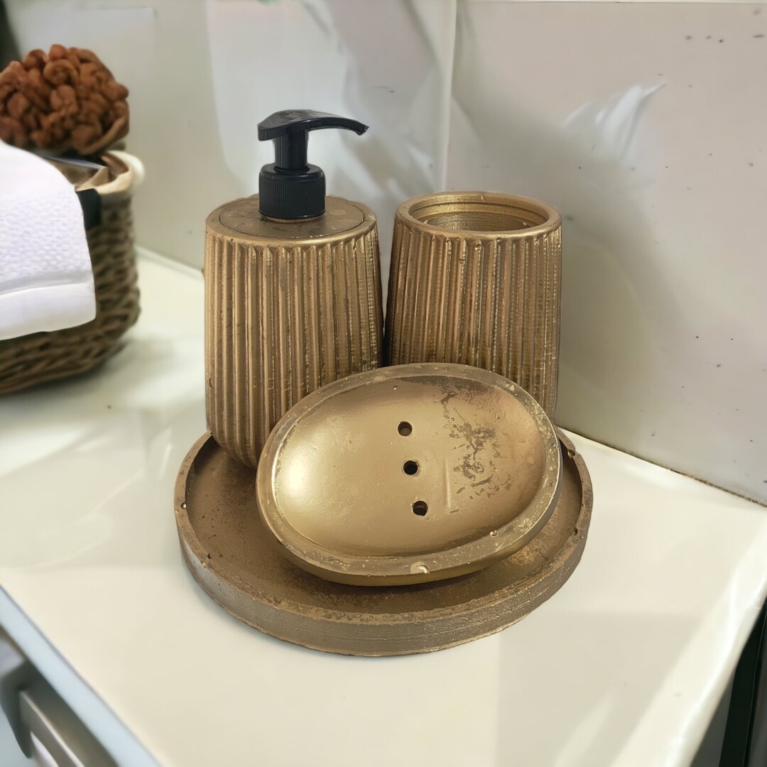 Gold Bathroom Accessories With Round Tray, Showy Soap Dispenser Set, Lux Restroom Decoration ...