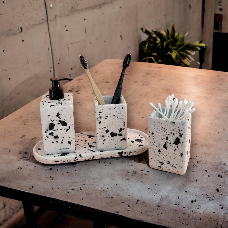 Terrazzo Bathroom Accessory Set Black and White Soap Etsy