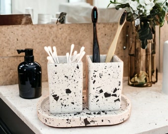 Terrazzo Bathroom Counter Accessories, White Toothbrush Holder with Tray, Restroom Organizer Set, Concrete Handmade Desk Tidy Organizer