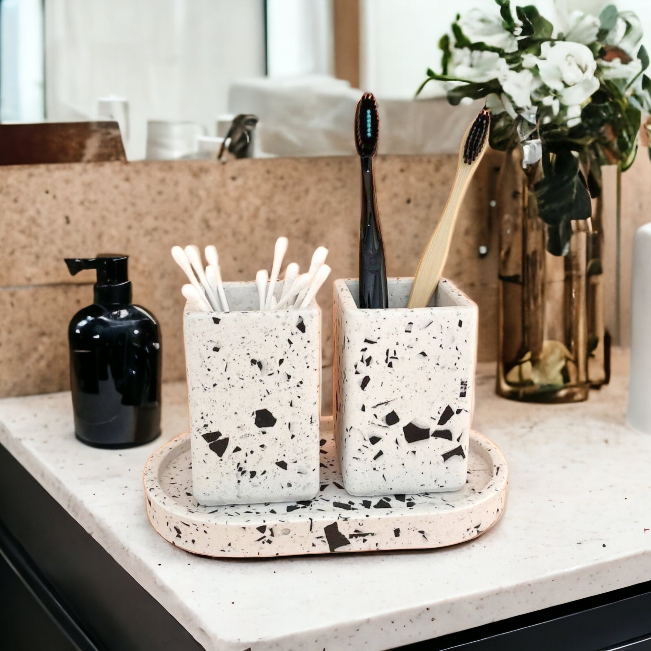 Terrazzo Bathroom Counter Accessories, White Toothbrush Holder With ...