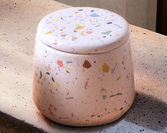 Terrazzo Minimal Storage Jar with Lid, Empty Candle Jar, Concrete Kitchen Lidded Jar, Colorful Home Gift