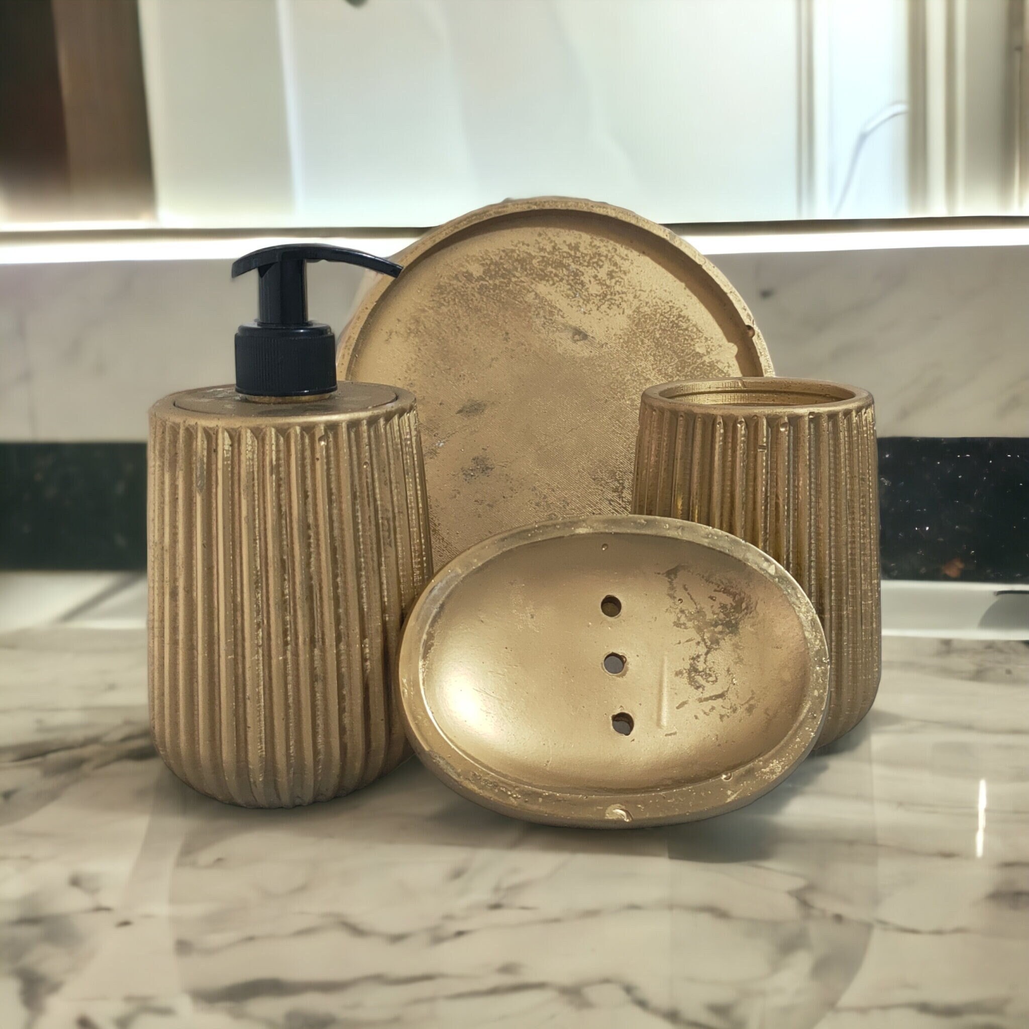 Gold Bathroom Accessories With Round Tray, Showy Soap Dispenser Set, Lux Restroom Decoration ...