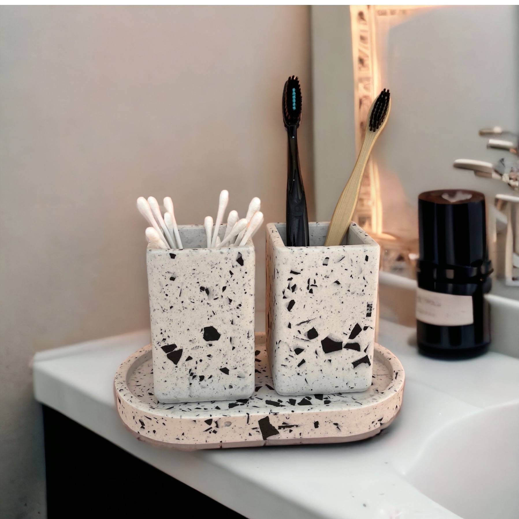 Terrazzo Bathroom Counter Accessories, White Toothbrush Holder With ...