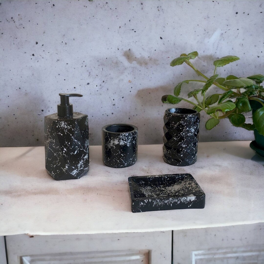 Black and Silver Bathroom Set, Marble Pattern Soap Bottle Set, Concrete
