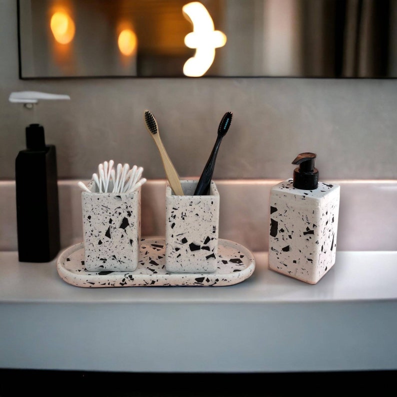 Terrazzo Bathroom Accessory Set Black and White Soap Etsy