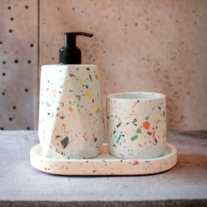 Terrazzo Bathroom Set with Tray, Liquid Soap Dispenser Set of 3, Minimal Colorful Bath Set, Soap Bottle with Pump, Unique First Home Gift