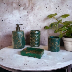 Green Concrete Bath Set: Gold Marble Pattern, Modern Vanity Decor