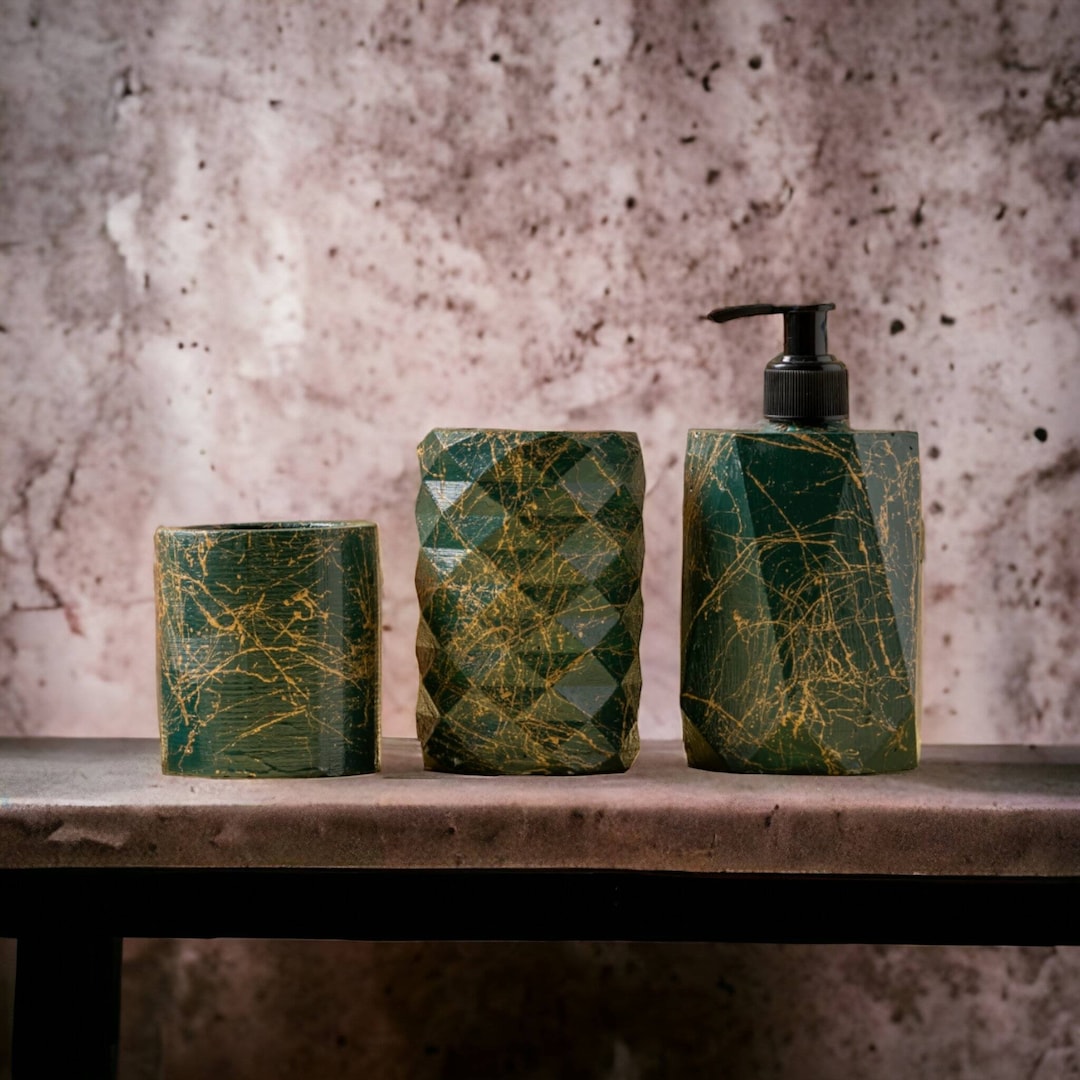 Dark Green Liquid Soap Dispenser Set, Concrete Emerald Green Bathroom ...