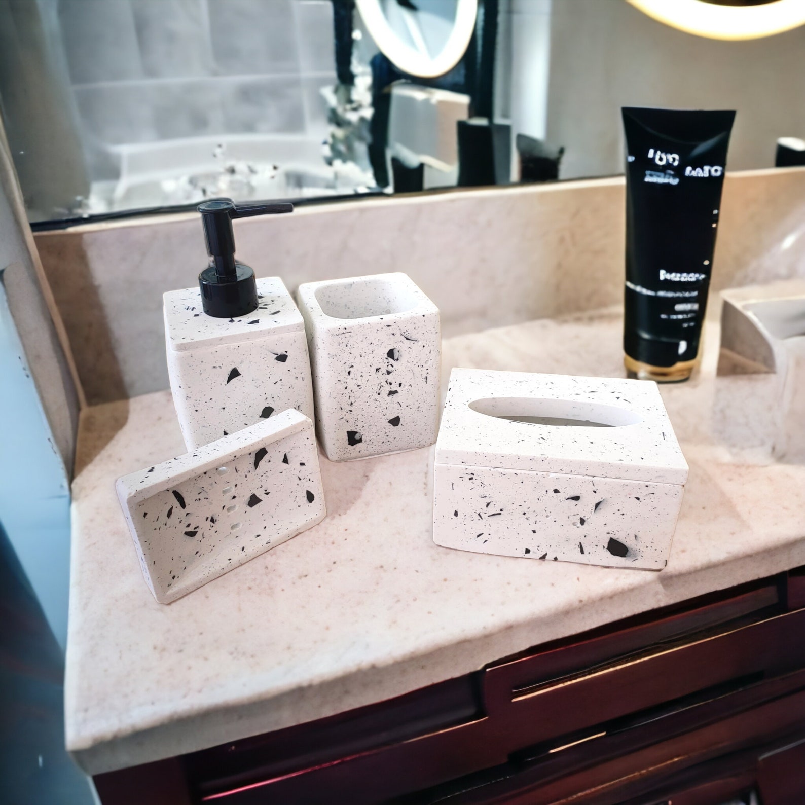 Handmade Terrazzo Bathroom Accessory Set, Concrete Liquid Soap