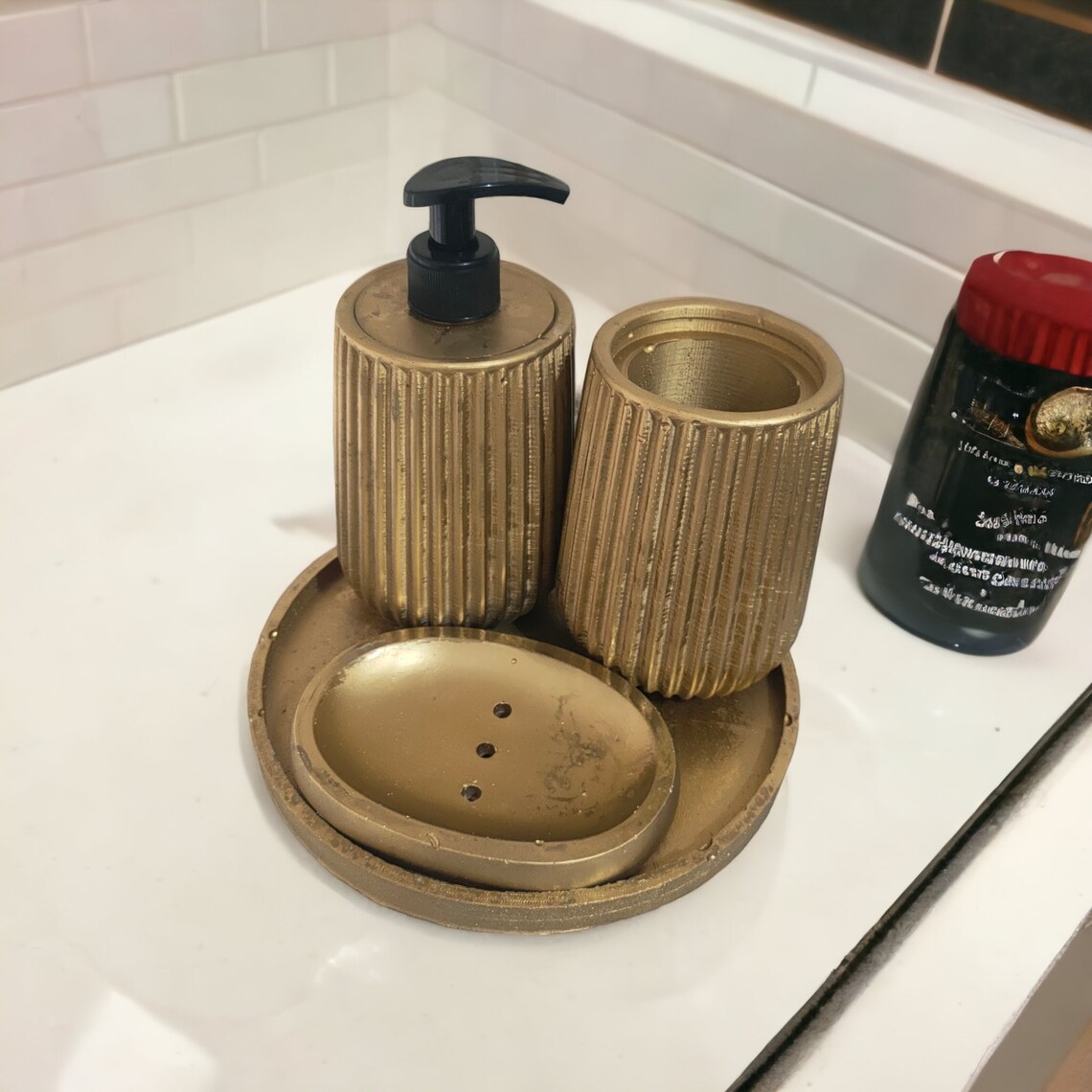 Gold Bathroom Accessories With Round Tray, Showy Soap Dispenser Set ...