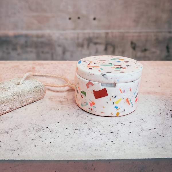 Terrazzo Small Cotton Disc Jar with Lid, Concrete Jewelry Container, Colorful Storage Lidded Box, Unique Holiday Gift and Home Decor