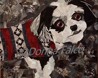 Shih Tzu Wearing Sweater - art print - recycled magazine collage, pet gift, dog wall art, unique, hidden pictures