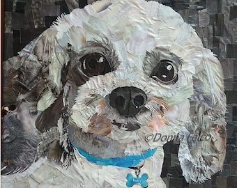 Shih Tzu - art print - recycled magazine collage, pet gift, dog wall art, unique, hidden pictures, white dog