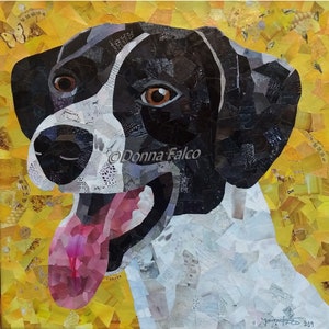 May include: A black and white dog with a pink tongue sticking out, made from paper scraps. The dog's face is close-up and the background is yellow.