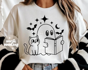 Fantasma de Halloween png / Halloween png / Vibras espeluznantes / Temporada espeluznante / Fantasma leyendo png / Fantasma png / Temporada de Halloween / Lindo fantasma y gato