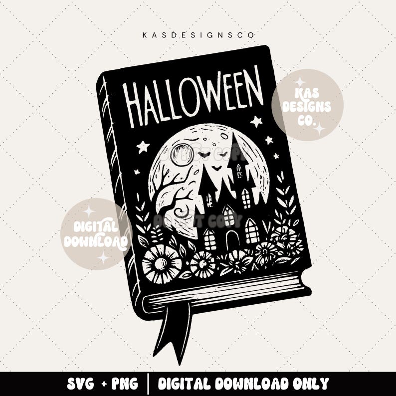 May include: Black and white illustration of a book with the word "HALLOWEEN" on the cover. The book features a spooky house, a full moon, bats, and flowers.