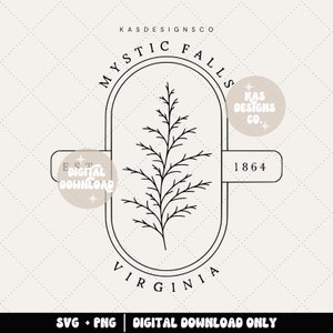 Könnte beinhalten: Schwarzweißes Grafikdesign eines stilisierten immergrünen Baumes in einem kreisförmigen Rahmen mit dem Text "MYSTIC FALLS" darüber und "VIRGINIA" darunter. Der Text "KAS DESIGNS CO." und "1864" sind ebenfalls im Design enthalten.