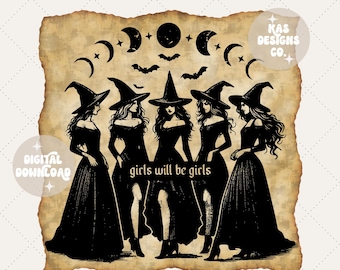 Las chicas serán chicas png, brujas png, temporada de brujas png, halloween png, temporada espeluznante png, vibraciones espeluznantes png, sublimación retro de Halloween png