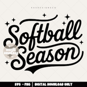May include: Black graphic with the words "Softball Season" in a bold, cursive font, surrounded by star shapes. The text "SVG + PNG | DIGITAL DOWNLOAD ONLY" is at the bottom. The background is a light cream color with a diamond pattern.