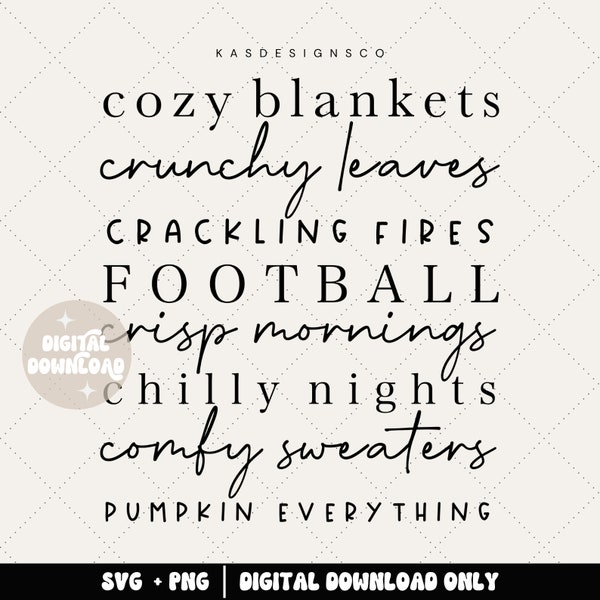 ORIGINAL CREATOR, cozy blankets crunchy leaves crackling fires football, fall svg, fall list svg, fall bucket list svg, halloween svgs