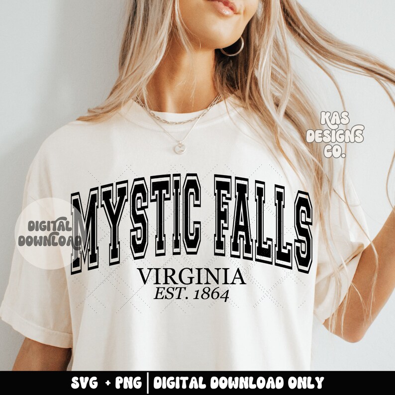 May include: White t-shirt with black text that reads "MYSTIC FALLS VIRGINIA EST. 1864". The text is in a varsity style font.
