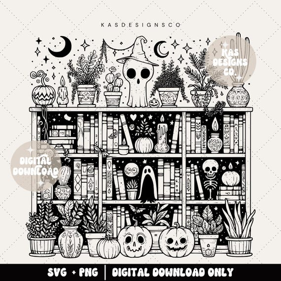 Spooky bookshelf svg, Halloween season png, Plants png, Pumpkin book, Bookish png, Books and pumpkins, Magical pumpkins, Botany png, Fall