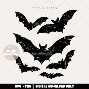 May include: A digital download featuring a collection of distressed black bat silhouettes. The bats vary in size and pose, with a textured, vintage aesthetic. The image includes the text "KASDESIGNSCO" and "SVG + PNG | DIGITAL DOWNLOAD ONLY".