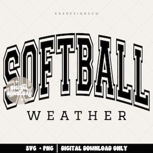 Könnte beinhalten: Schwarzweißes Grafikdesign des Wortes "Softball" in einer Schriftart im Varsity-Stil mit dem Wort "Weather" darunter. Das Design eignet sich für die Verwendung auf T-Shirts, Tassen und anderen Waren.