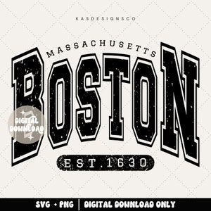 May include: Black and white distressed graphic design with the text "MASSACHUSETTS BOSTON EST. 1630" in a vintage style font.