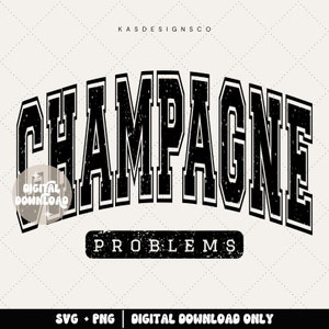 May include: A digital design with the text "CHAMPAGNE" in large, black, distressed varsity-style letters, arched across the top. Below, the words "PROBLEMS" are in a smaller, black, rectangular box. The background is a light beige with a subtle diamond pattern.