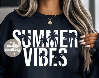 May include: Black sweatshirt with white text that reads "Summer Vibes" with palm trees in the letters.  The text is in a bold, blocky font.