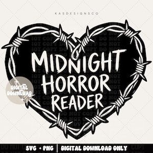 May include: A black heart-shaped graphic design outlined with barbed wire. The text MIDNIGHT HORROR READER is written in white capital letters inside the heart. A circular badge on the left reads DIGITAL DOWNLOAD. The background is off-white.
