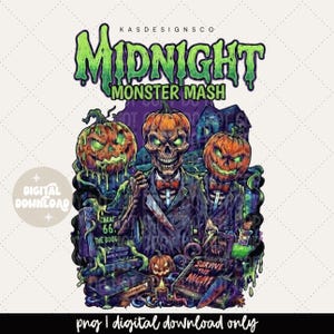 May include: A digital graphic design featuring the text Midnight Monster Mash. The illustration depicts a central skeleton figure in a suit holding a knife, flanked by two glowing jack-o'-lanterns, a haunted house, and books titled Survive the Night.