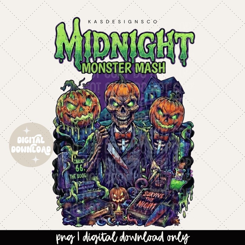 May include: A digital graphic design featuring the text Midnight Monster Mash. The illustration depicts a central skeleton figure in a suit holding a knife, flanked by two glowing jack-o'-lanterns, a haunted house, and books titled Survive the Night.