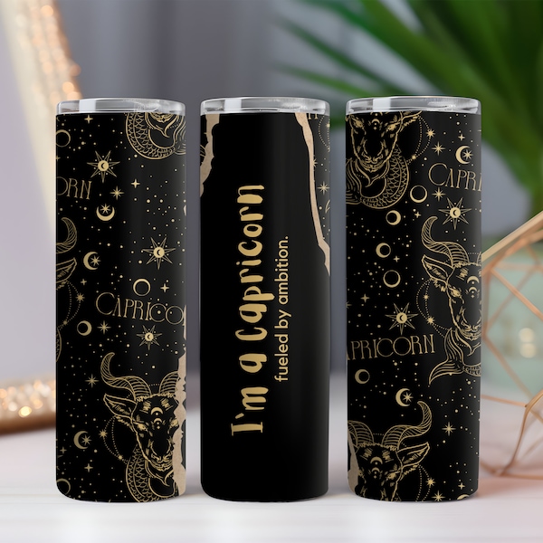 Black and Gold Capricorn Birthday Astrology Tumbler Wrap, Skinny 20oz - Zodiac Sign PNG - Digital Download