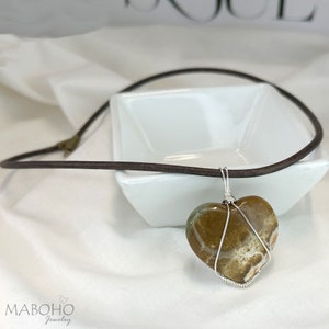 Ocean Jasper Heart Pendant Leather Necklace Hippie Chic Leather Cord Choker Necklace Boho Promotes Spiritual Awareness Balance Handmade USA