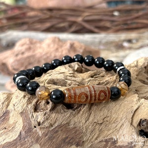 Super Protection Tibetan Bead Stretch Bracelet 4 Eyes Dzi Agate, AAA Tourmaline, Dragons Vein Talisman Unisex Jewelry Buddhist Crafted In US