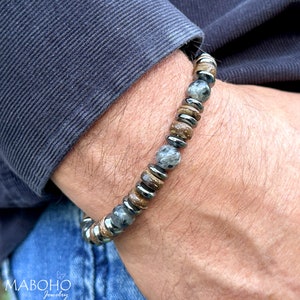 Heren larvikietarmband met hout en hematiet Natuurlijk Boho-sieraden Tribal sieraden Voor heren Bescherming Armband Lahja Handgemaakt Verenigde Staten