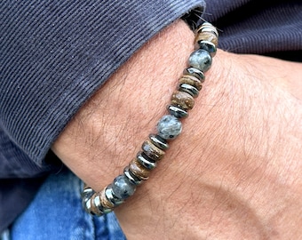 Men&#39;s Larvikite Stone Bracelet With Wood and Hematite Natural Bohemian Jewelry Tribal Jewelry For Men Protection Bracelet Gift Hand Made USA
