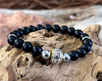 Tibetan Om Mani Padme Hum Mantra and AAA Matte Onyx Stretch Bracelet Amulet Bracelet For Men & Women Buddhist Health and Wealth Made In USA