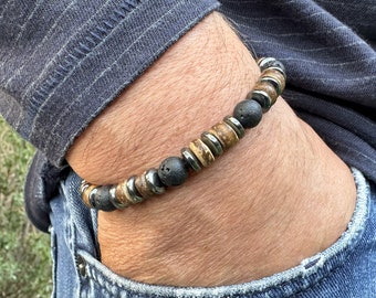 Men&#39;s Lava Hematite & Wood Bracelet Natural Bohemian Jewelry Tribal Jewelry For Men Gift For Him Surfer Men&#39;s Stretch Diffuser Bracelet USA