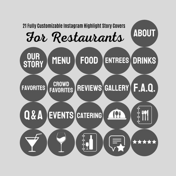 IRON GREY | Instagram Story Highlight Covers for Restaurants & Catering | Editable Digital download Canva | Restaurant Cater Branding Luxury