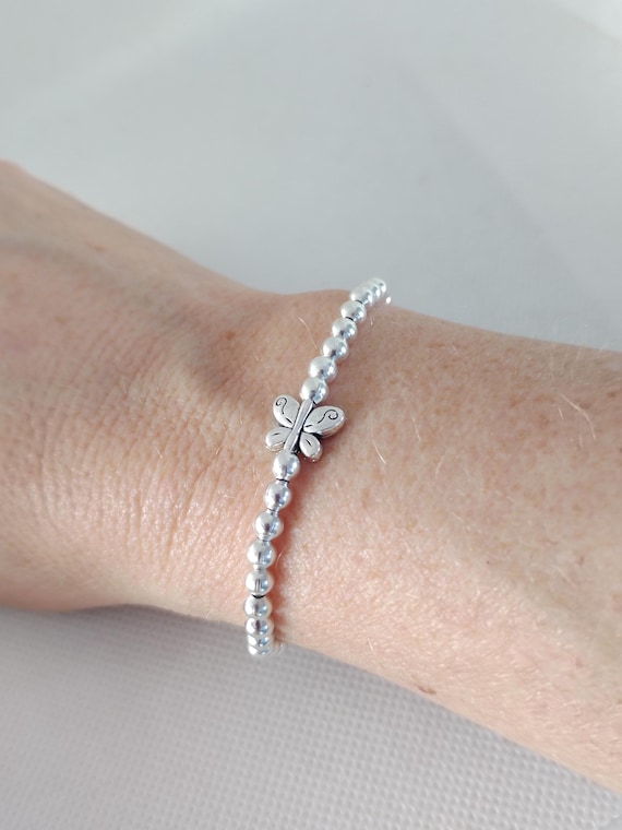 Silver butterfly bracelet, beaded stretch bracelet, stacking bracelet, butterfly jewellery, butterfly lover gift, birthday gift for mum