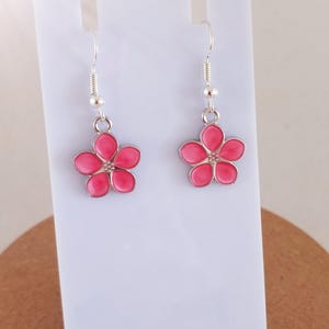 Pink flower drop earrings, cherry blossom earrings, summer flower earrings, dangle earrings, enamel earrings, birthday gift for mum