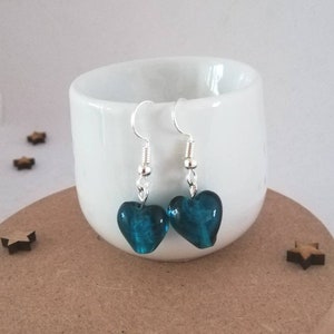 Heart drop earrings, glass heart earrings, teal earrings, heart jewellery, dangle earrings, birthday gift for mum, teacher gift