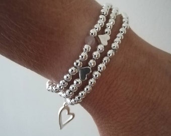 Silver stacking bracelets, beaded bracelets, bracelet set, charm bracelet, birthday gift for daughter, gift for friend, teacher gifts