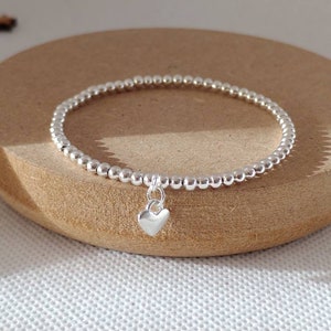 Pulsera de plata con forma de corazón, pulsera de plata con cuentas, pulsera elástica, pulsera apilable, regalo de cumpleaños para novia, regalos para profesoras
