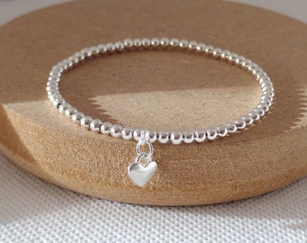 Silver heart bracelet, silver bead bracelet, stretch bracelet, stacking bracelet, birthday gift for girlfriend, teacher gifts