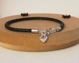 Ladies black braided leather heart charm bracelet, birthday gift for friend, daughter gift, anniversary gift, teacher gifts