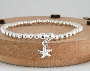 Silver stretch bracelet with starfish charm, beaded bracelet, stacking bracelet, birthday gift for friend, teen gift